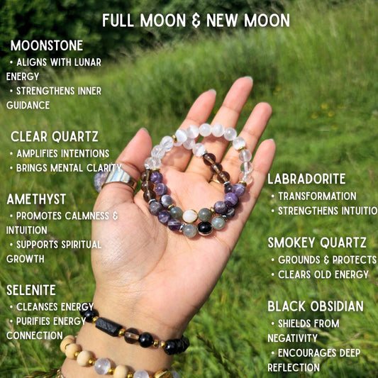 Crystal Moon Bracelet Set: Obsidian, Moonstone & Labradorite - Lunar Witch Jewelry