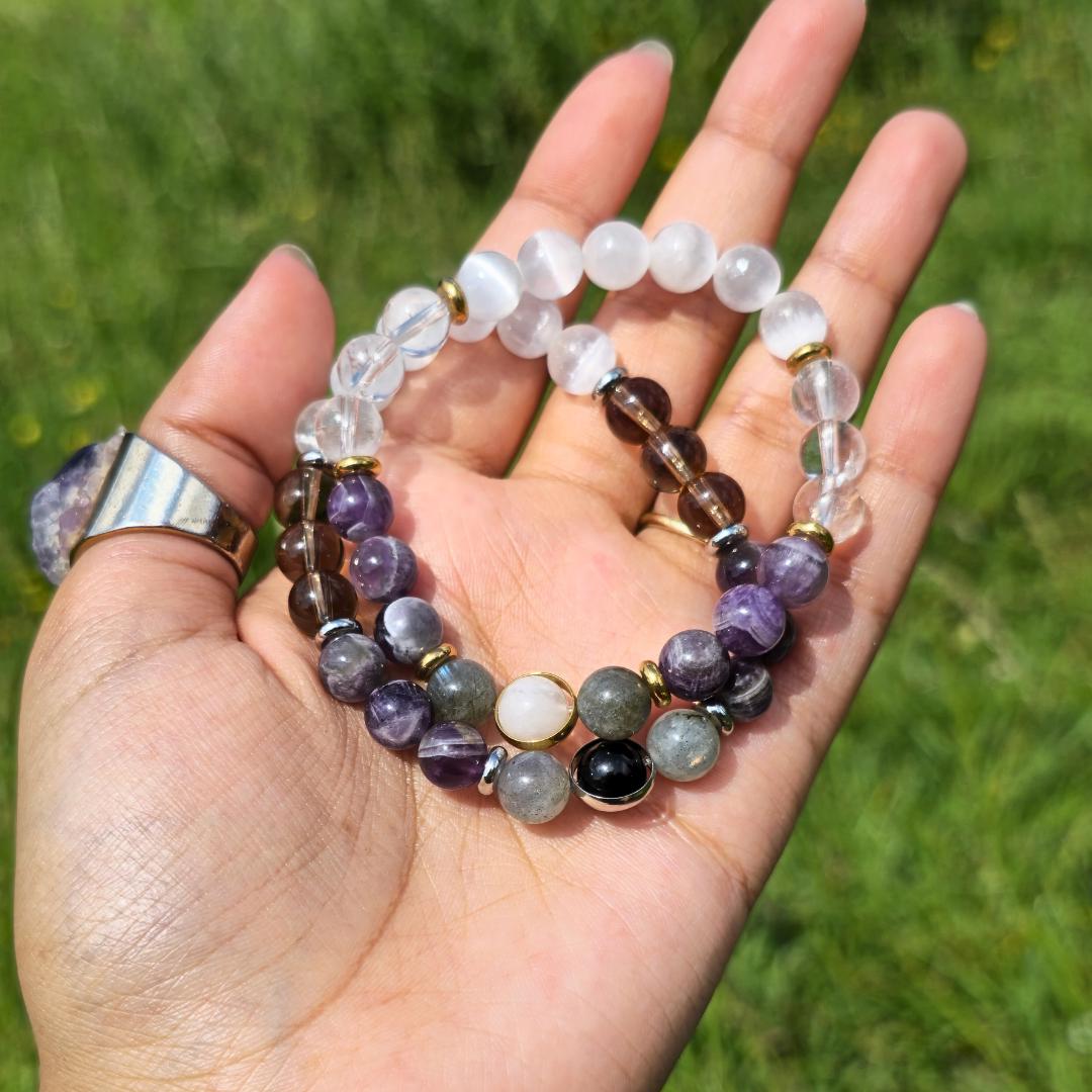 Crystal Moon Bracelet Set: Obsidian, Moonstone & Labradorite - Lunar Witch Jewelry