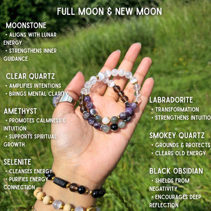 Crystal Moon Bracelet Set: Obsidian, Moonstone & Labradorite - Lunar Witch Jewelry