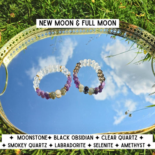 Crystal Moon Bracelet Set: Obsidian, Moonstone & Labradorite - Lunar Witch Jewelry